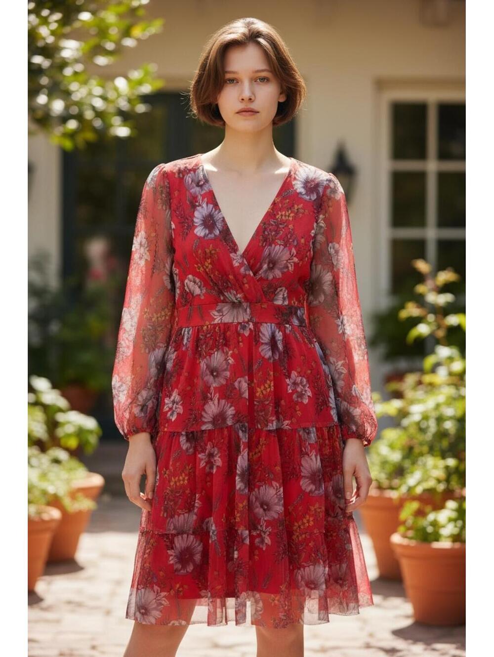 Candalite Red‎ Floral Long Sleeve Dress Size Small